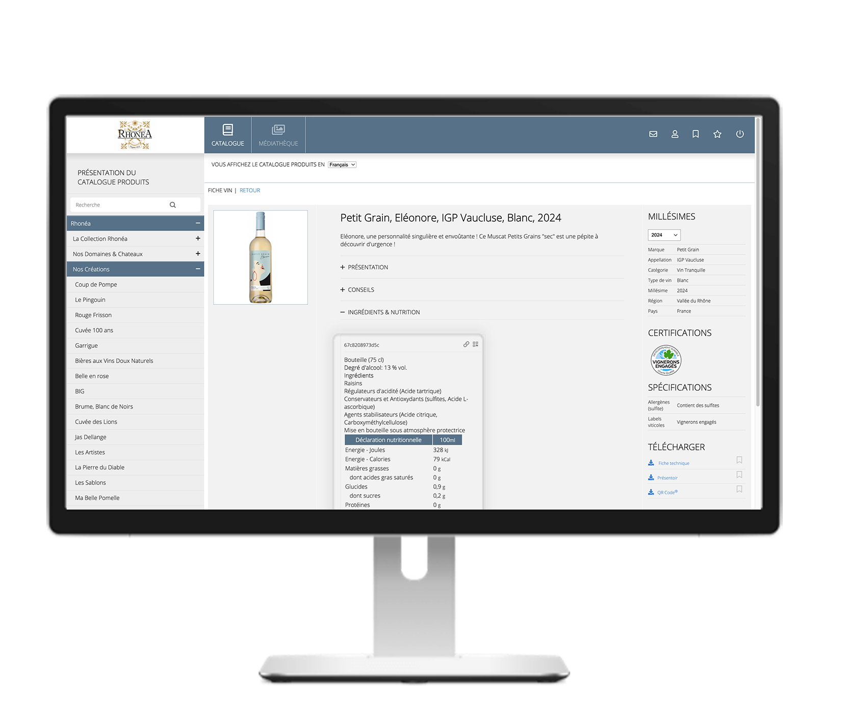 Interface utilisateur Extranet Vin.co pour la gestion des listes d'ingrédients et la déclaration nutritionnelle conforme aux normes UE.